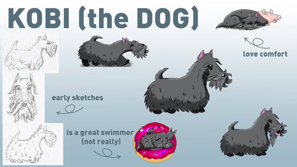 WakeUpTheOcean's tweet photo. Kobi is the senior Scottie dog. Very cute, but a bit grumpy. He's always trying to be polite and reasonable. Kobi has his very own human (which he cares about very much), and he is also very attached to his favorite toy "Empress".
#IndieGameDev #gamedev #Storytelling #gameArt https://t.co/4O4hgoqi3c
