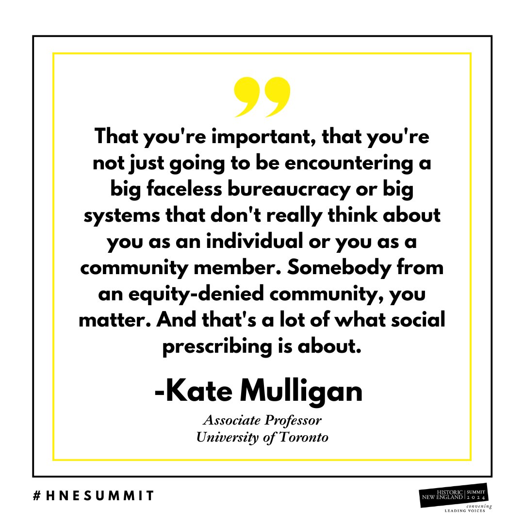 Kate Mulligan of <a href="/UofT/">University of Toronto</a> urges Summit attendees to discuss the importance of social prescribing with local healthcare leaders, saying “It is changing how we think about health equity”.
•
#HNESummit #HistoricNewEngland #Portland #Maine