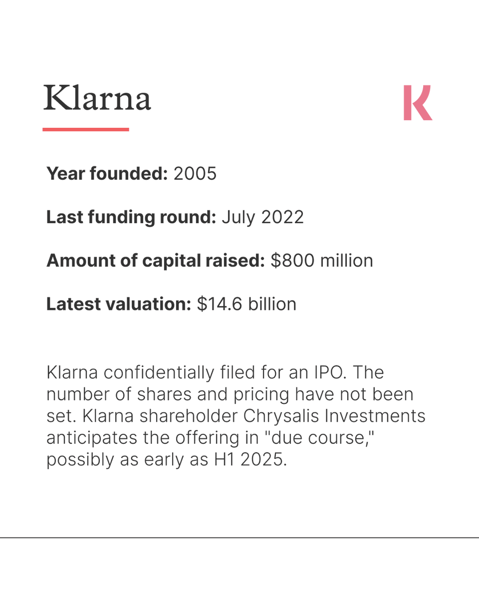 Hiive_HQ's tweet image. Several prominent tech companies are eyeing potential IPOs in 2025. Scroll to learn more about @Klarna, @CerebrasSystems, @Chime, @CoreWeave and @databricks.