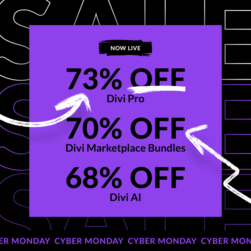 elegantthemes's tweet photo. The Divi Cyber Monday Sale starts now with a new set of 4,900 prizes and 5 unique marketplace bundles! 🎉

If you missed the Black Friday sale, you're in luck. While our Black Friday prizes and bundles are gone, a new set has replaced them, along with discounts of up to 73%.