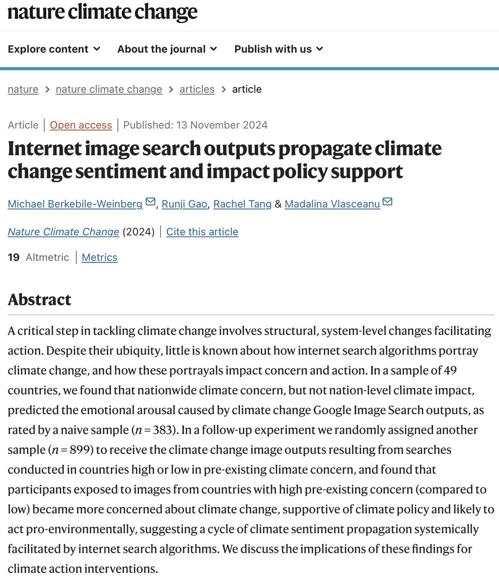 How do internet search algorithms shape our attitudes and policy support on important social issues?

In a new paper, we found that prevalent algorithms portray climate change based on local climate attitudes, rather than actual climate change impacts: rdcu.be/dZ0I6