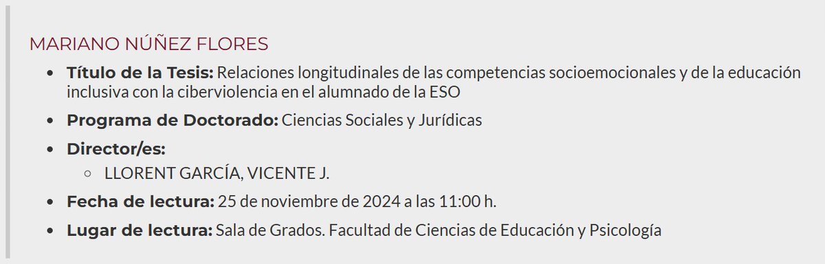 Mariano Núñez-Flores (@marianonunflo) on Twitter photo 🗣 LECTURA DE TESIS DOCTORAL
Lunes 25 de noviembre a las 11:00, en la Sala de Grados de la Facultad de Ciencias de la Educación y Psicología de la Universidad de Córdoba.
También se podrá asistir de forma virtual a través del siguiente enlace:
bit.ly/4fsUkcg
<a href="/VJLlorent/">Vicente J. Llorent</a> 🗣 LECTURA DE TESIS DOCTORAL
Lunes 25 de noviembre a las 11:00, en la Sala de Grados de la Facultad de Ciencias de la Educación y Psicología de la Universidad de Córdoba.
También se podrá asistir de forma virtual a través del siguiente enlace:
bit.ly/4fsUkcg
<a href="/VJLlorent/">Vicente J. Llorent</a>