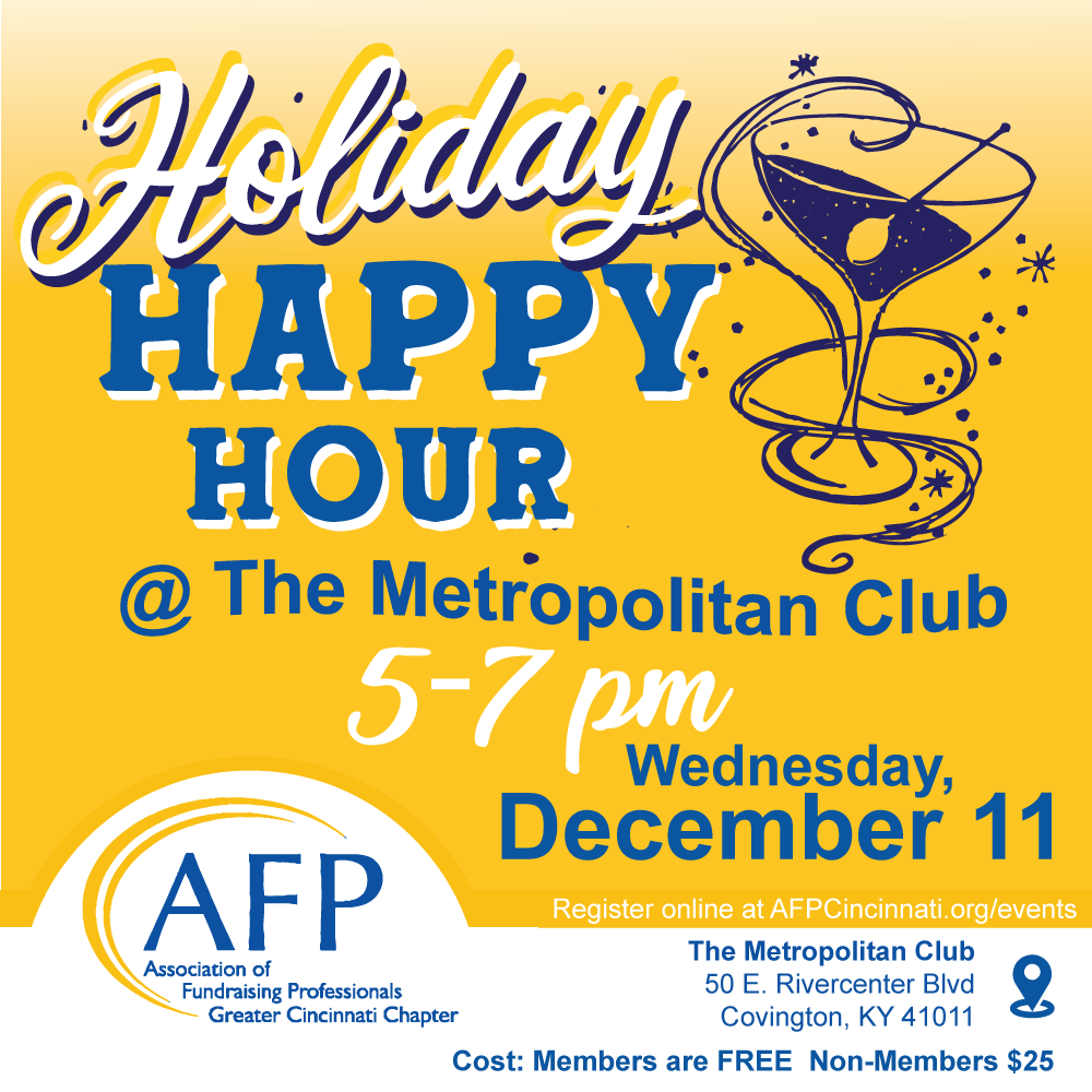 Join the AFP Greater Cincinnati Chapter for our annual Holiday Happy Hour.

Come together with your AFP friends and colleagues to celebrate the end of 2024!

Link to register: afpcincinnati.org/event/241211-h…