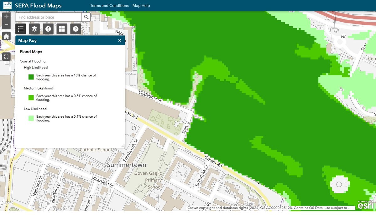 This map shows the risk of tidal flooding in the area around Govan graving docks. As well as this there is potential for flooding from the river and surface water after heavy rainfall or snow melt. Who wants to buy a flat here?