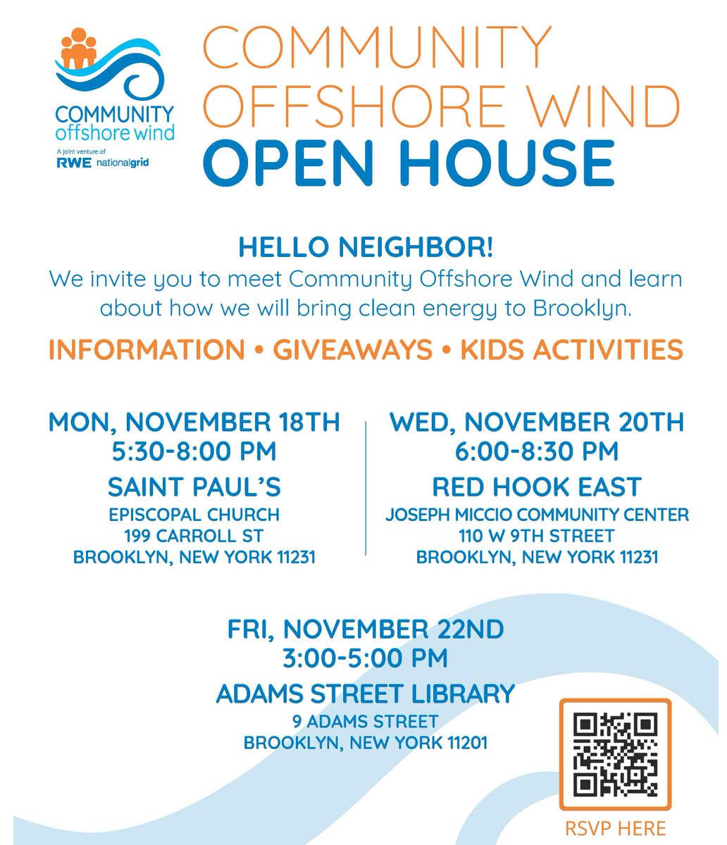 Next week, we’re hosting three open houses to share our plans for bringing offshore wind power to Brooklyn. Join us to learn more and ask any questions you may have. RSVP through the link below – we look forward to seeing you there!

linktr.ee/communityoffsh…