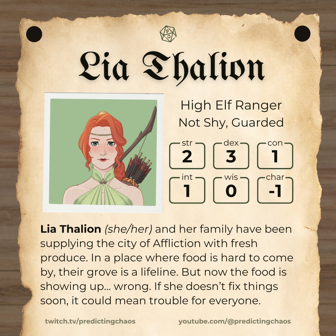 It's time for ✨ character introductions ✨

Lia Thalion (she/her) is pretty quiet, and you might mistake that for shyness, but when she's face to face with the undead there is nothing shy about her. Zombies, stay out of her way!

Any guess who will be joining us as Lia?