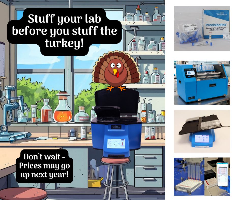 Are you ready for a feast? Save yourself from a budget beast! Prices  may be going up next year, but our deals right now are gobble-worthy.  Stock up on Bullet Blender®   homogenizers, PrecisionPak™   Lysis and Extraction kits, BlotBot®   processor, Checkit®   Go pipette