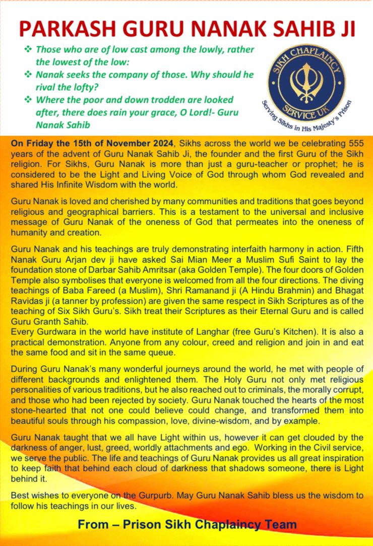 Globally Sikhs are celebrating Gurpurb of #gurunanak sahib on 15/11/24. Please accept our best wishes.. Guru Nanak Sahib stood with the lowly. Believed in #transformation . Let us try to walk in his footsteps.Dhan Dhan Guru Nanak Sahib!