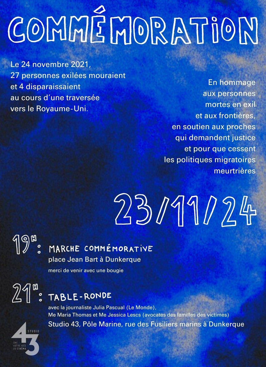 Trois ans après la mort dans la Manche de 27 personnes en exil, rien n’a vraiment changé, sinon en pire.
Une journée de commémoration en hommage aux victimes est organisée à Dunkerque le 23 novembre.
#LesFrontièresTuent