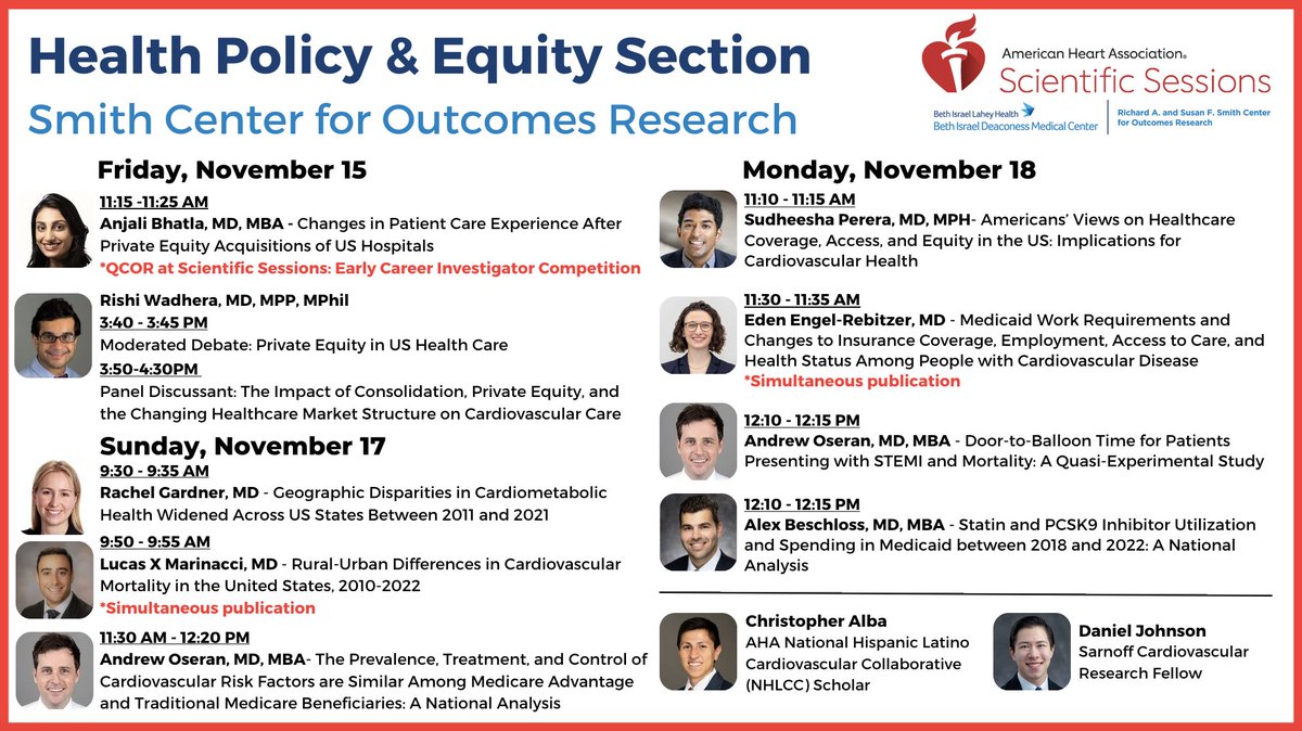 Rishi Wadhera, MD MPP (@rkwadhera) on Twitter photo <a href="/AHAScience/">AHA Science</a> #AHA24 is just around the corner!
Our research team will be presenting impactful and timely work focused on the intersection of health care policy, access & quality, and cardiovascular health.
Swing by and check out this incredible group of mentees work! <a href="/SmithBIDMC/">BIDMC Smith Center</a> <a href="/AHAScience/">AHA Science</a> #AHA24 is just around the corner!
Our research team will be presenting impactful and timely work focused on the intersection of health care policy, access & quality, and cardiovascular health.
Swing by and check out this incredible group of mentees work! <a href="/SmithBIDMC/">BIDMC Smith Center</a>