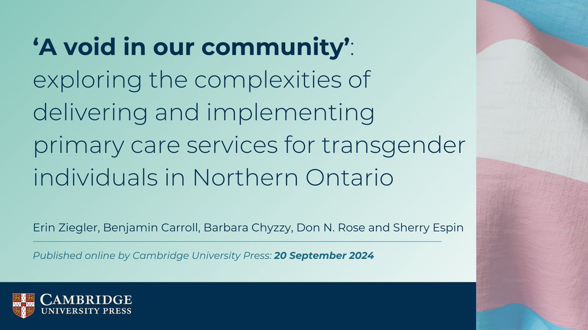 In honour of #TransAwarenessWeek, read new #research by <a href="/TorontoMet/">Toronto Metropolitan University</a> prof. @ErinZiegler13 that advances understanding of health-care barriers faced by transgender people in Northern Ontario and ways to improve access. Learn more: bit.ly/4fhoaRb <a href="/PHCRD/">PHCR&D</a> <a href="/NursingTMU/">Daphne Cockwell School of Nursing</a>