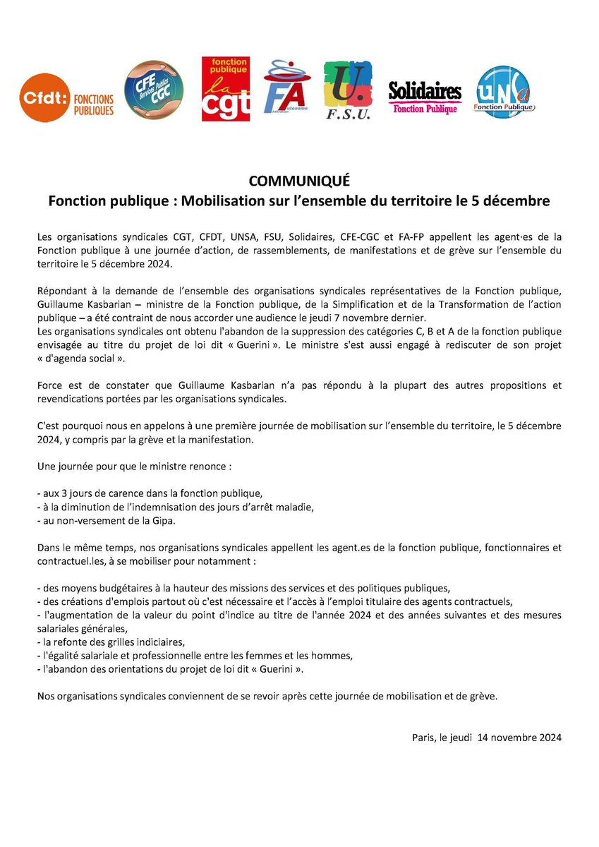 Premiere journée de grève dans la fonction publique le 5 décembre.
Face à la brutalité des attaques il est indispensable d'arrêter massivement le travail et de construire collectivement les suites en assemblée générale ! #greve5decembre