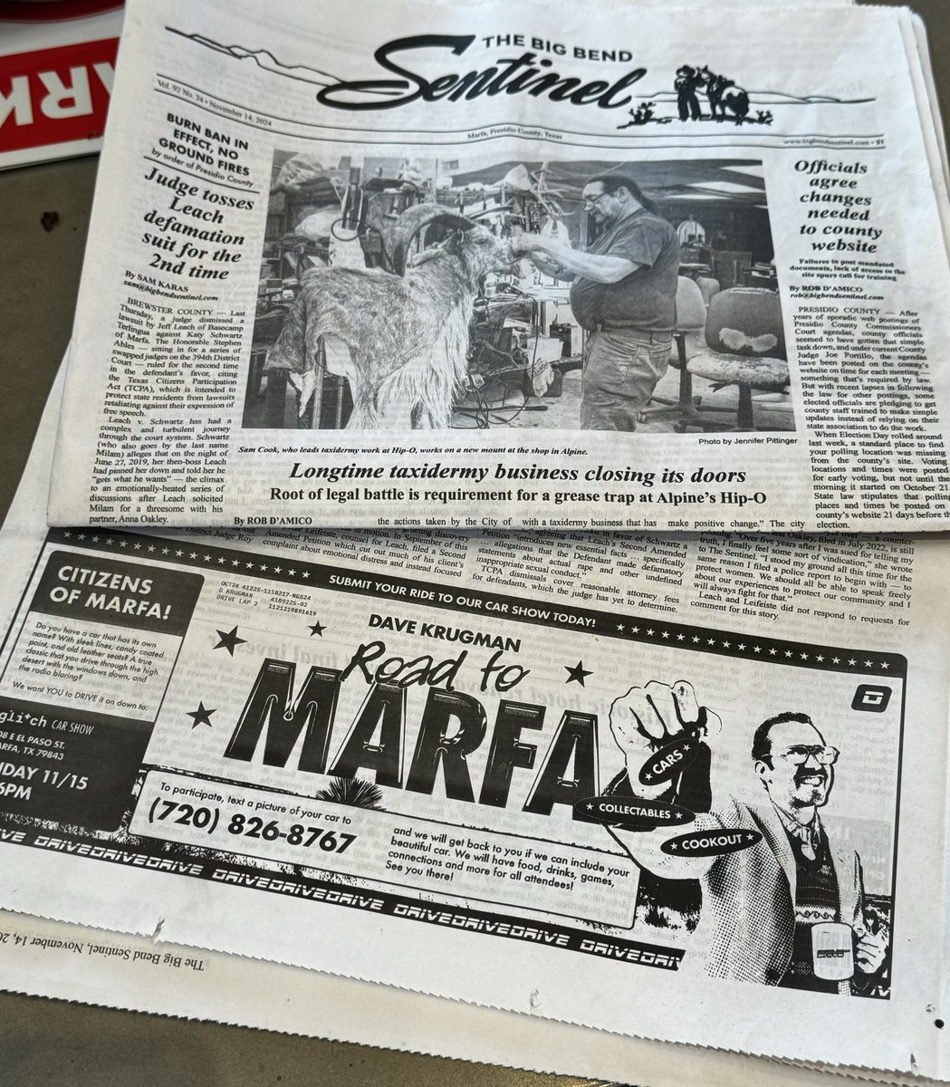 GM, having a coffee and reading the local paper 😍🏁

Prepping for our show tomorrow at <a href="/glitchmarfa/">glitch</a> 

Big thanks to the <a href="/niftygateway/">Nifty Gateway Studio</a> crew for this gorgeous design for our ads in the local papers!