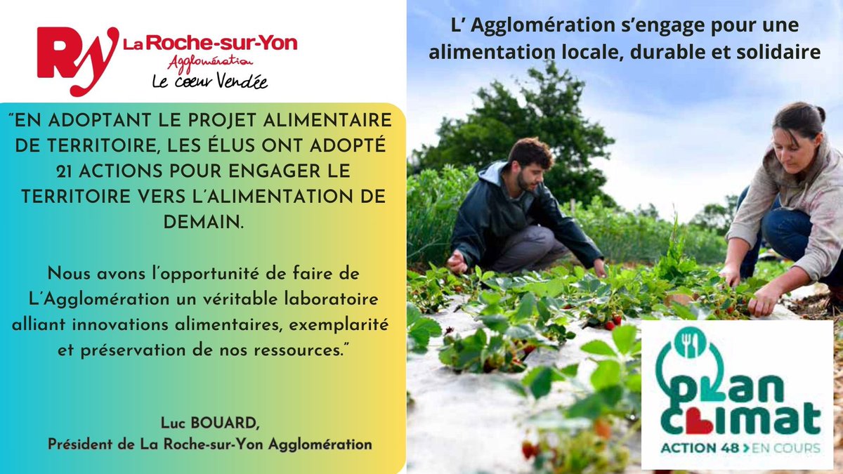 Lucbouard's tweet photo. 👩🌾🚜#MANGERLOCAL Le Conseil d’Agglomeration de @larochesuryonfr a adopté son Projet Alimentaire de Territoire. ✅Une ambition partagée et 2️⃣1️⃣ engagements concrets pour une alimentation LOCALE, SAINE et DURABLE, en soutenant nos agriculteurs et les acteurs de nos 13 communes. 🌾 https://t.co/tHLqZIoUxp