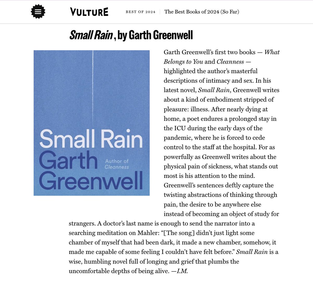 Happy to see Small Rain on <a href="/vulture/">Vulture</a>'s Best Books of 2024. Many thanks to <a href="/isle_mcelroy/">Isle McElroy</a> for these kind words.

vulture.com/article/best-b…