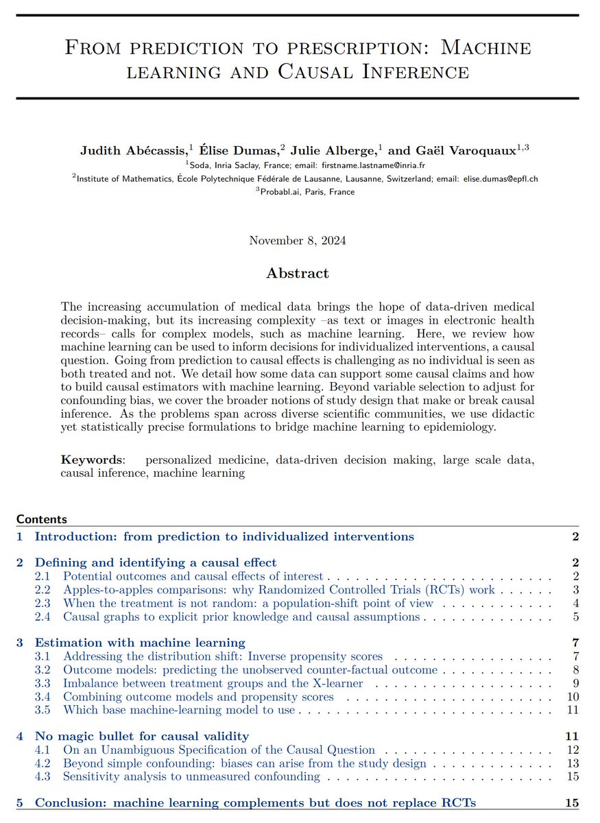 GaelVaroquaux's tweet image. ✨📰preprint - From prediction to prescription: Machine learning and Causal Inference
hal.science/hal-04774700

Machine learning for individual treatment effect

Didactic and precise, bridging statistical, computational, and epidemiological thinking.
#statstwitter #epitwitter
1/5