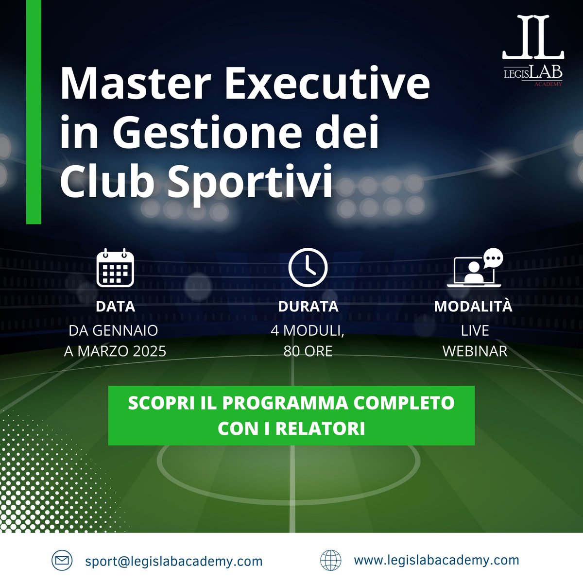Scarica il programma completo dei moduli del Master in Gestione dei Club Sportivi: tutte le lezioni e i relatori a questo link legislabacademy.com/corsi/master-e… 

📩 Per maggiori informazioni, scrivi a sport@legislabacademy.com