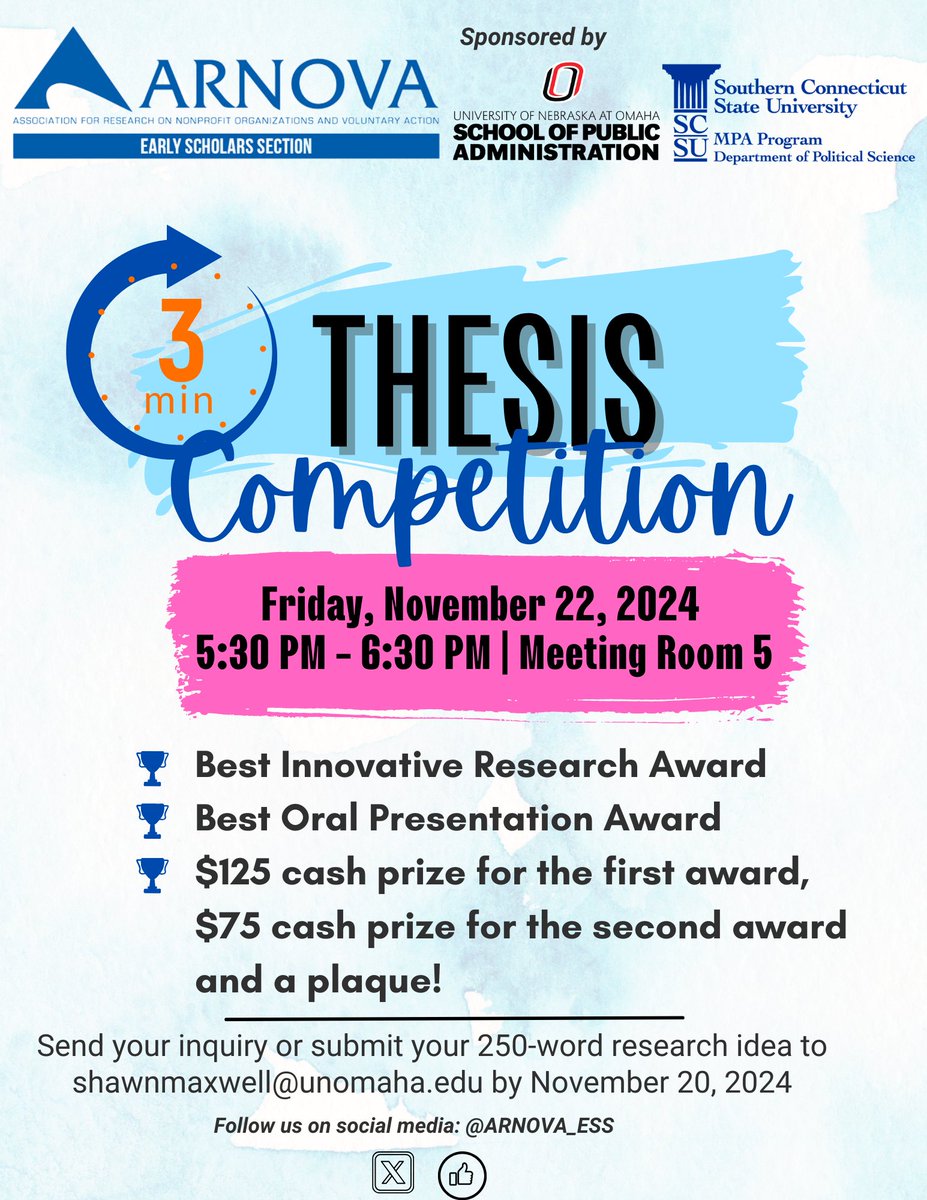 ARNOVA Early Scholars (@arnova_ess) on Twitter photo Hey <a href="/ARNOVA_ESS/">ARNOVA Early Scholars</a> friends! Are you attending #ARNOVA24 next week? Don’t miss out—join us for the 3-Minute Thesis Competition on Friday November 22. <a href="/ARNOVA/">ARNOVA</a> <a href="/CriticalARNOVA/">ARNOVA Critical Perspectives Section</a> <a href="/ArnovaGov/">ARNOVA Governance Section</a> <a href="/MessageStrategy/">ARNOVA Message Strategy Common Interest Group</a> <a href="/CGA_ARNOVA/">ARNOVA Community & Grassroots Associations Section</a> Hey <a href="/ARNOVA_ESS/">ARNOVA Early Scholars</a> friends! Are you attending #ARNOVA24 next week? Don’t miss out—join us for the 3-Minute Thesis Competition on Friday November 22. <a href="/ARNOVA/">ARNOVA</a> <a href="/CriticalARNOVA/">ARNOVA Critical Perspectives Section</a> <a href="/ArnovaGov/">ARNOVA Governance Section</a> <a href="/MessageStrategy/">ARNOVA Message Strategy Common Interest Group</a> <a href="/CGA_ARNOVA/">ARNOVA Community & Grassroots Associations Section</a>