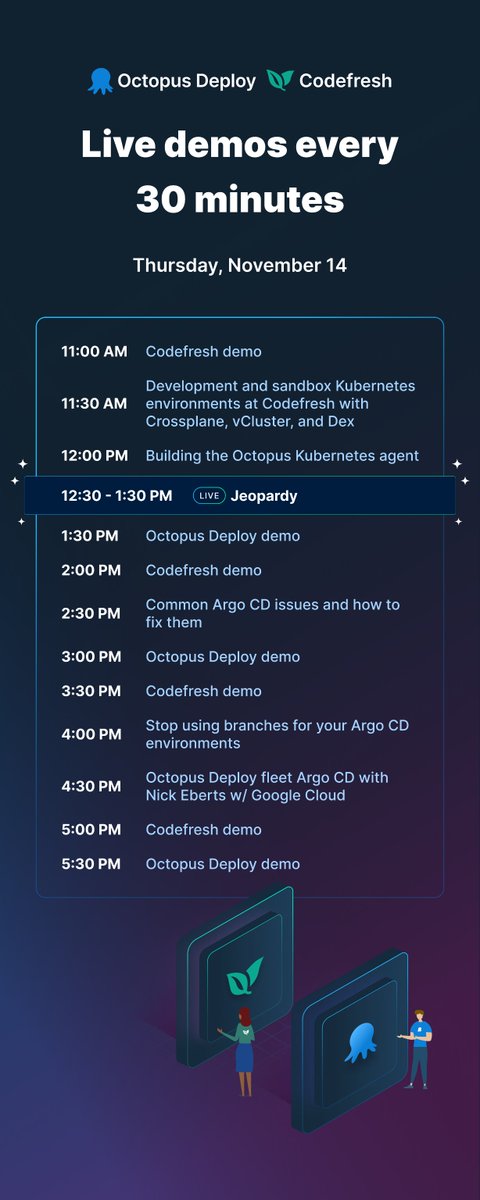 OctopusDeploy's tweet image. #KubeCon day 2 theatre schedule!
We'll be doing a giveaway during every session, including a lightsaber at Jeopardy! 🎉