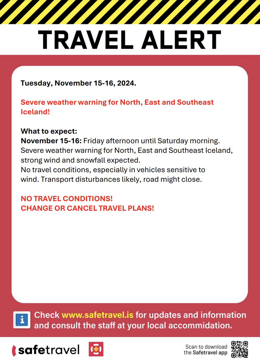 IceHighlights's tweet image. From the afternoon of Nov. 15 to the morning of Nov. 16 strong winds and heavy snowfall expected between Bifröst and Akureyri, Akureyri and Egilsstaðir, Egilsstaðir and Höfn, Höfn and Vík, and in the highlands.   #icelandhighlights #iceland