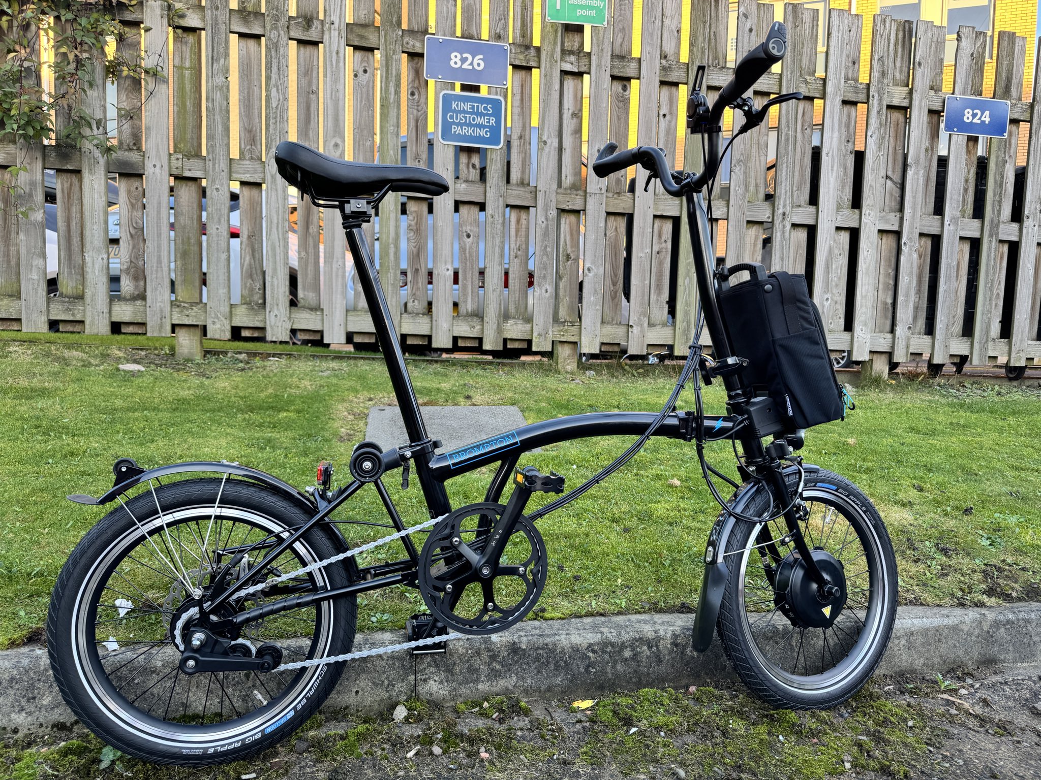 Kinetics on X An Electric Brompton converted to 18 Big Apple wheels and Alfine 11 gearing with a rear disc brake and a front V brake the Brompton hub motor isn t disc compatible
