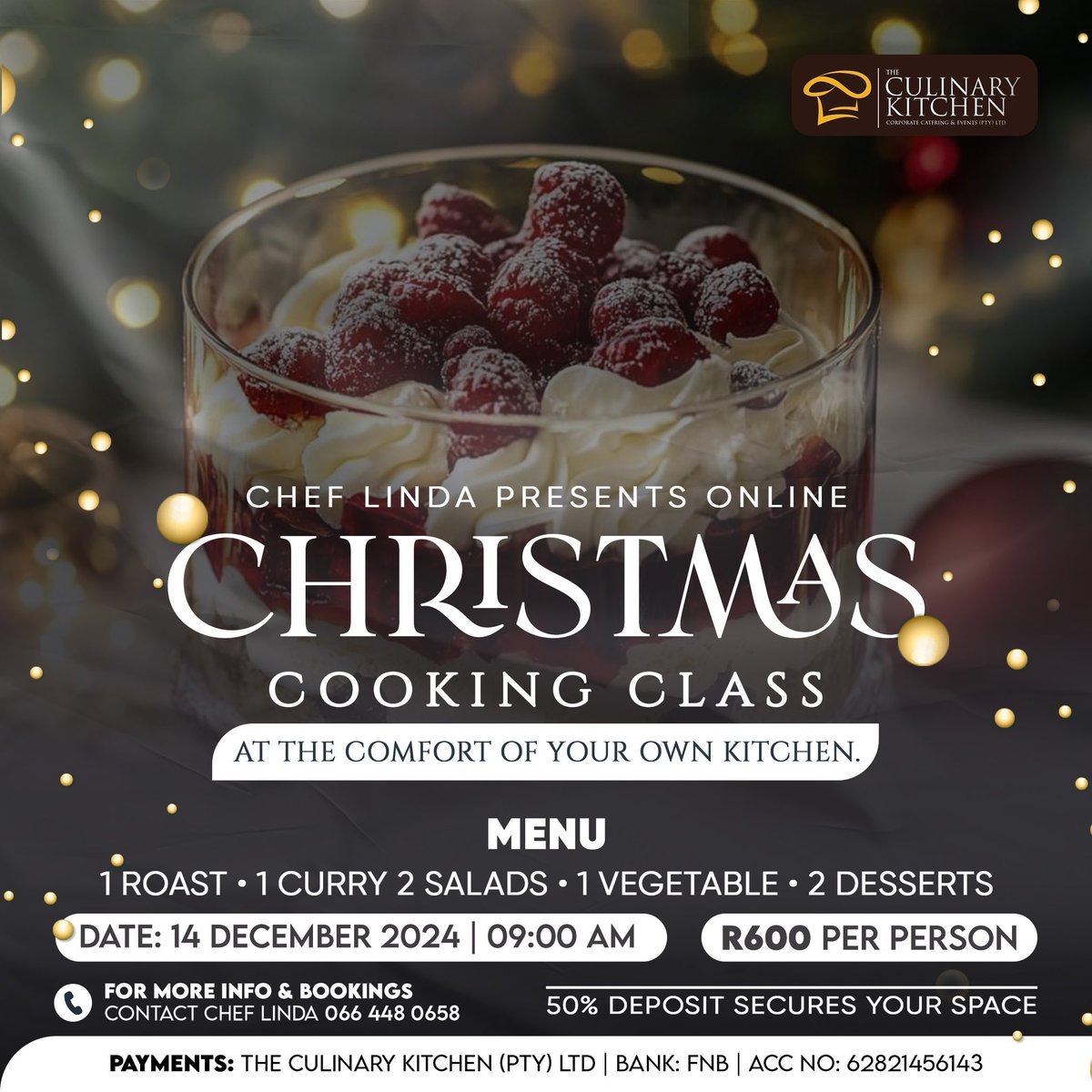 ChefLindaMni's tweet photo. Allow me to sharpen your Christmas cooking skill this festive season. More details on the poster 🎄🥘#Christmas2024 #OnlineCookingClass #BookYourSpot #SkeemSaam #MacG #KellyKhumalo #JuliesMalema https://t.co/dTF0BPDUYx