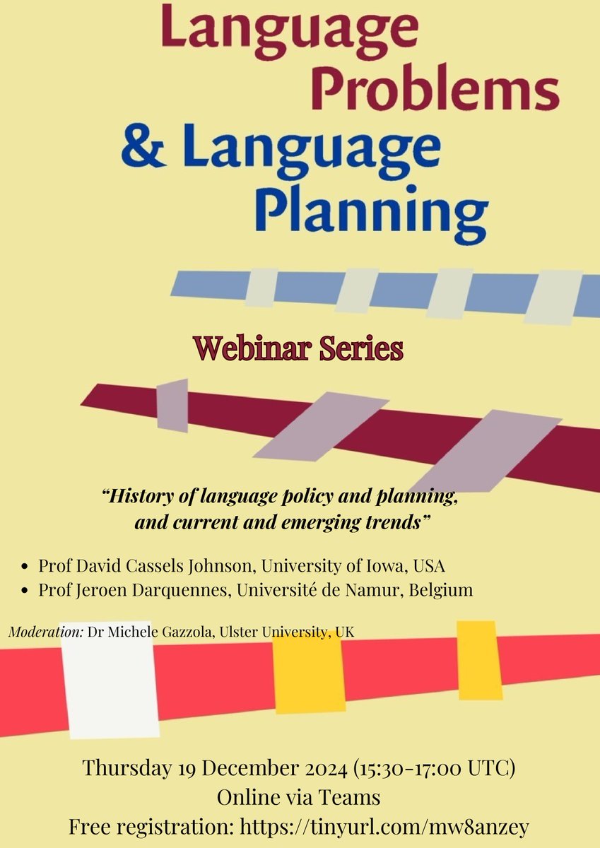 CEDinterling's tweet image. Save the date! On December 19, 2024, the journal Language Problems and Language Planning (edited by CED and published by John Benjamins) will hold its first webinar on Teams. Topic: The history of language policy and planning, along with current and emerging trends.