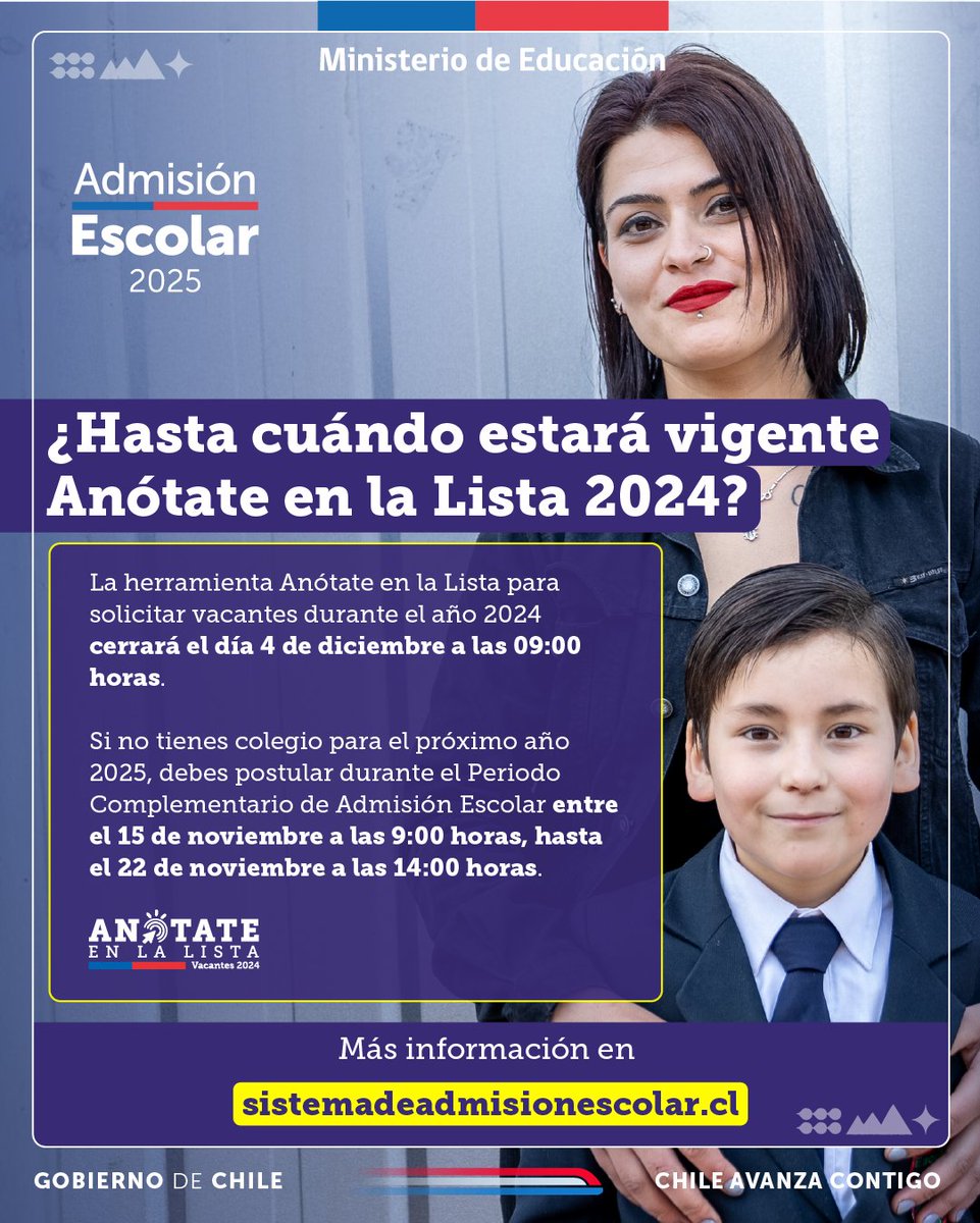Mineduc's tweet image. ¡Atención! La plataforma Anótate en la Lista dejará de estar disponible el 4 de diciembre a las 9:00 horas. 
Si necesitas un establecimiento para el 2025 debes postular en el Periodo Complementario de #AdmisiónEscolar entre el 15 y el 22 de noviembre.