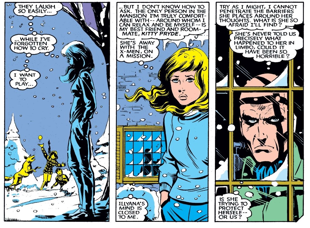 In New Mutants #14, Claremont finally pairs Illyana with the X-Men’s junior team, establishing their relationship dynamic by juxtaposing Illyana’s dark interior reality (through her narration) with the outward adolescent group dynamics of her young teammates. #xmen #magik 1/11