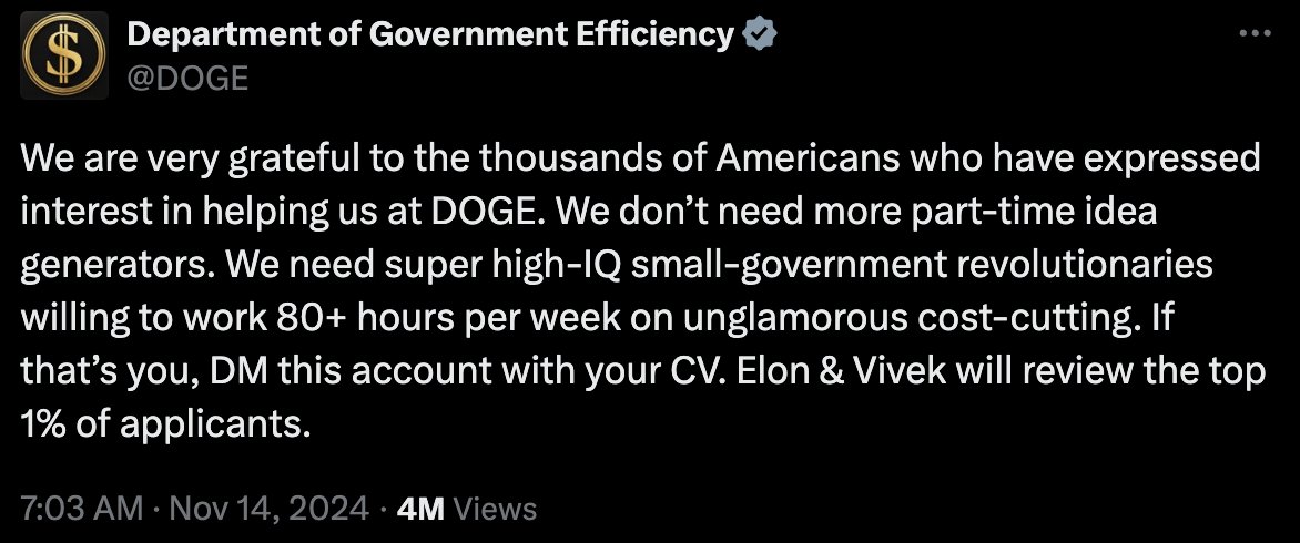 This account has been given a grey checkmark, verifying it as an official government account.

It also only accepts resumes be DM's, which are solely open to verified X users who pay Elon Musk.

This level of corruption is staggering.
