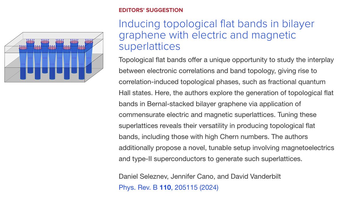 PhysRevB's tweet photo. PRB Editors' Suggestion: Inducing #topological #FlatBands in bilayer #graphene with #electric and #magnetic #superlattices

Daniel Seleznev, Jennifer Cano, and David Vanderbilt
Phys. Rev. B 110, 205115

➡️ https://t.co/XX5Gc83gFR
#EdSugg @APSPhysics #condmat #physics https://t.co/7b0zRu0vpU