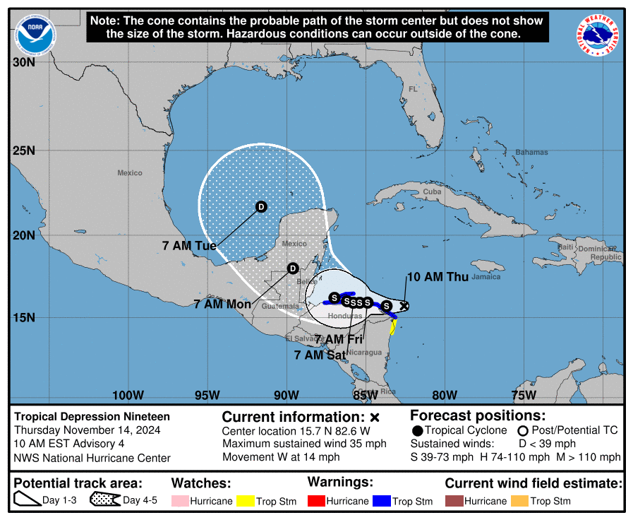 SkyAlertStorm's tweet photo. 🌀🔄 ACTUALIZACIÓN (12 PM): #Sara se ha fortalecido a #TormentaTropical con vientos sostenidos de 65 km/h a 85 km de la frontera entre Honduras y Nicaragua. 
🇲🇽 Para México se prevé que sus bandas nubosas intensifiquen las #lluvias a partir de mañana y que alcance Belice 🇧🇿 para el domingo por la noche.
⚠️Todavía no se pronostica que se convierta en #Huracán.