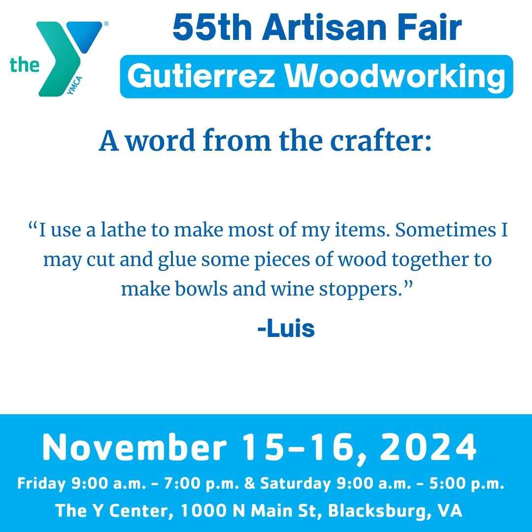 Meet Your Vendors!
Gutierrez Woodworking from Kernersville, NC, is joining the YMCA's 55th Artisan Fair! Discover beautiful handmade, lathed wood pieces like cutting boards, bowls, and vases—natural and unique for your home!

🗓️ Nov 15-16
📍 The Y Center
#YMCAArtisanFair