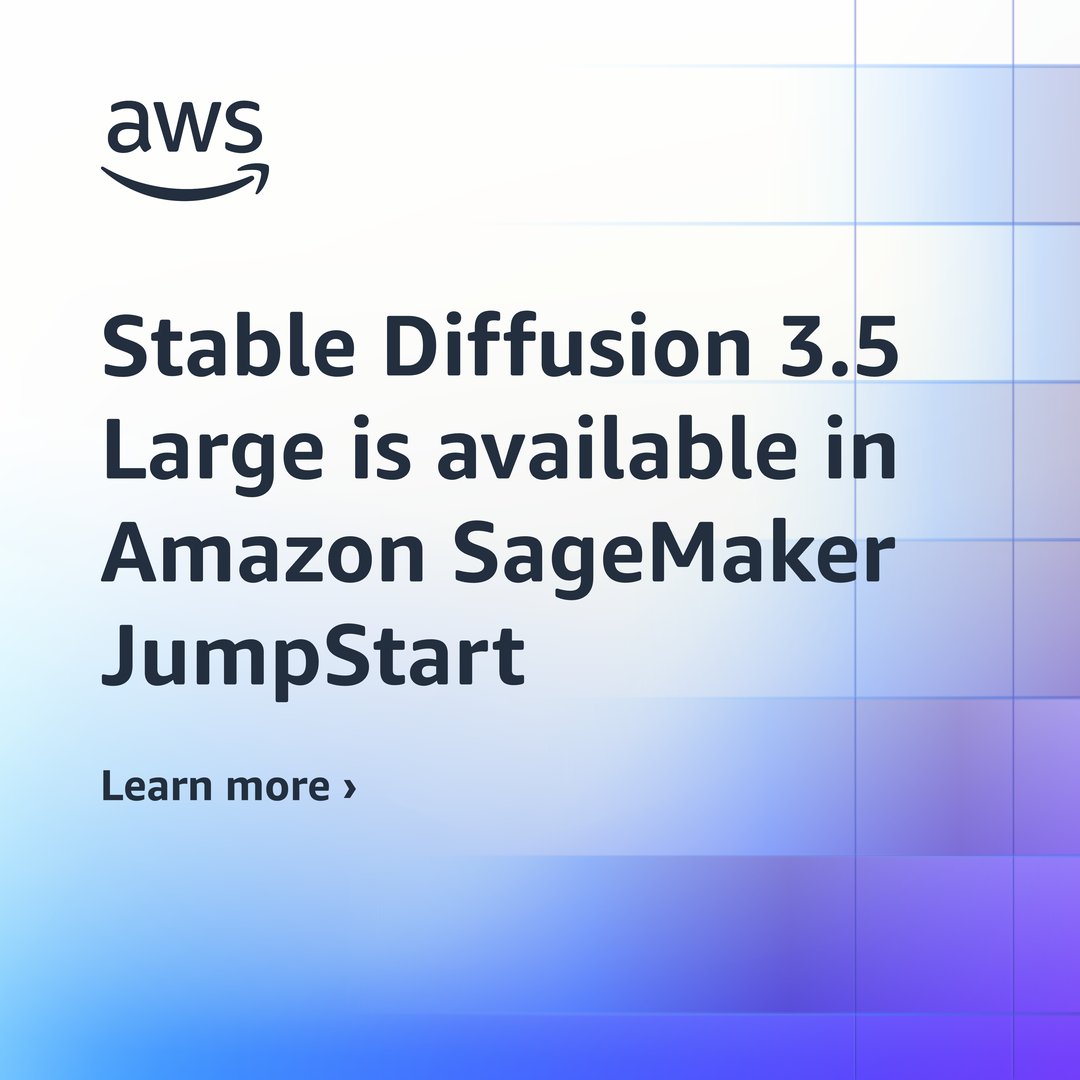 AWS AI (@awsai) on Twitter photo .<a href="/StabilityAI/">Stability AI</a>’s Stable Diffusion 3.5 Large is now available in #AmazonSageMaker JumpStart. 🚀
At 8.1B parameters, it's the most powerful text-to-image model in the Stable Diffusion family, with superior quality & prompt adherence. #AWS #generativeAI
🔗 go.aws/4fP9BDZ .<a href="/StabilityAI/">Stability AI</a>’s Stable Diffusion 3.5 Large is now available in #AmazonSageMaker JumpStart. 🚀
At 8.1B parameters, it's the most powerful text-to-image model in the Stable Diffusion family, with superior quality & prompt adherence. #AWS #generativeAI
🔗 go.aws/4fP9BDZ