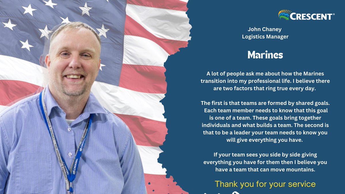CrescentRSW's tweet photo. Today, we’re honored to share a story that defines commitment, resilience, and true leadership. John Chaney, has lived a journey marked by dedication to service and unwavering team spirit—qualities he brings to work with him every single day.

#TeamCrescent #Veterans #Leadership https://t.co/C5rQ3Khu49