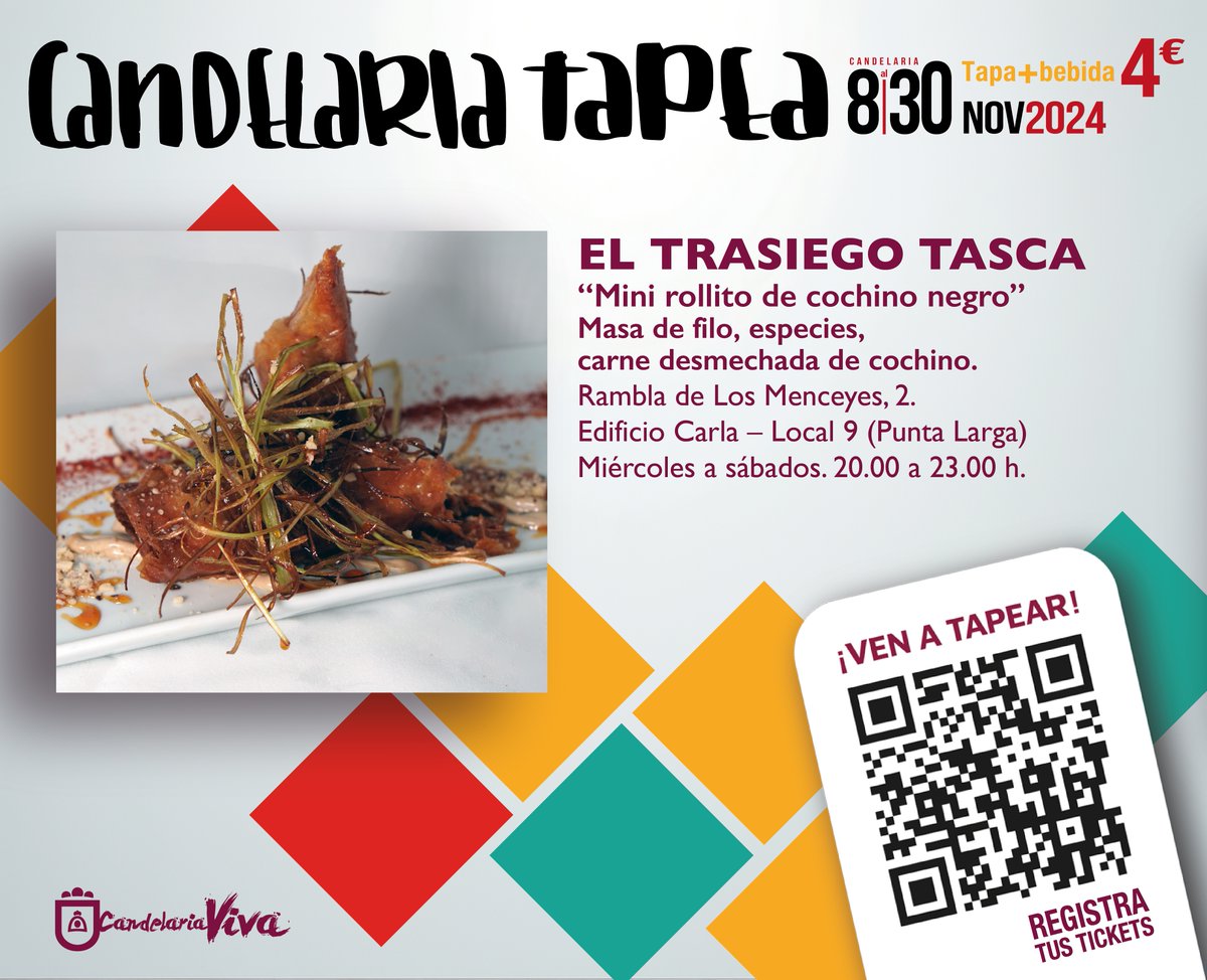 AytoCandelaria's tweet photo. ¡#CandelariaTapea2024 te espera con un "Mini rollito de cochino negro" en El Trasiego Tasca! 😋 4€ con bebida. ¡Vota por tu favorita y gana! 🎁 #CandelariaViva https://t.co/yyN8EP3Zja