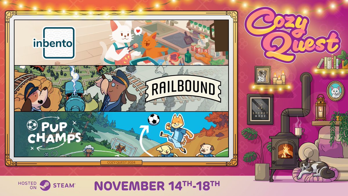 inbento, Railbound and Pup Champs are in the lineup for Cozy Quest 2024, a celebration of cozy and playful titles happening on Steam right now 🧁 #CozyQuest

Check them out here: store.steampowered.com/publisher/Secr…