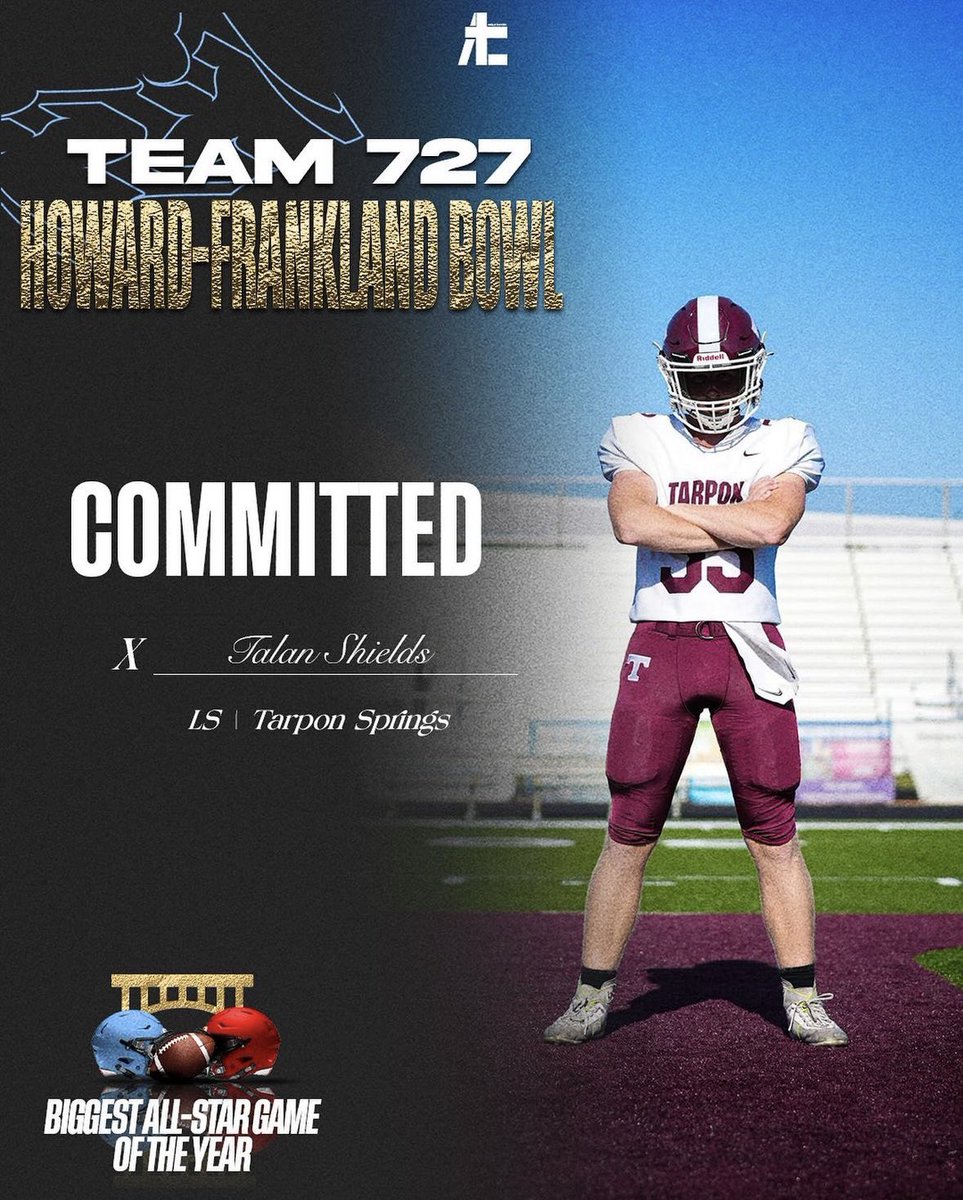 Talan Shields 4.5 ⭐️ LS (@talan_shields1) on Twitter photo AGTG! Very excited to be selected for the Howard-Frankland Bowl game!
<a href="/tshs_football_/">Tarpon Springs Football</a> <a href="/TheChrisRubio/">Rubio Long Snapping®</a>
@CoachMeyerTS <a href="/CoachJesse18/">Jesse Chinchar</a> @CoachJohnsonTSH <a href="/Andy_Villamarzo/">Andy Villamarzo</a> AGTG! Very excited to be selected for the Howard-Frankland Bowl game!
<a href="/tshs_football_/">Tarpon Springs Football</a> <a href="/TheChrisRubio/">Rubio Long Snapping®</a>
@CoachMeyerTS <a href="/CoachJesse18/">Jesse Chinchar</a> @CoachJohnsonTSH <a href="/Andy_Villamarzo/">Andy Villamarzo</a>