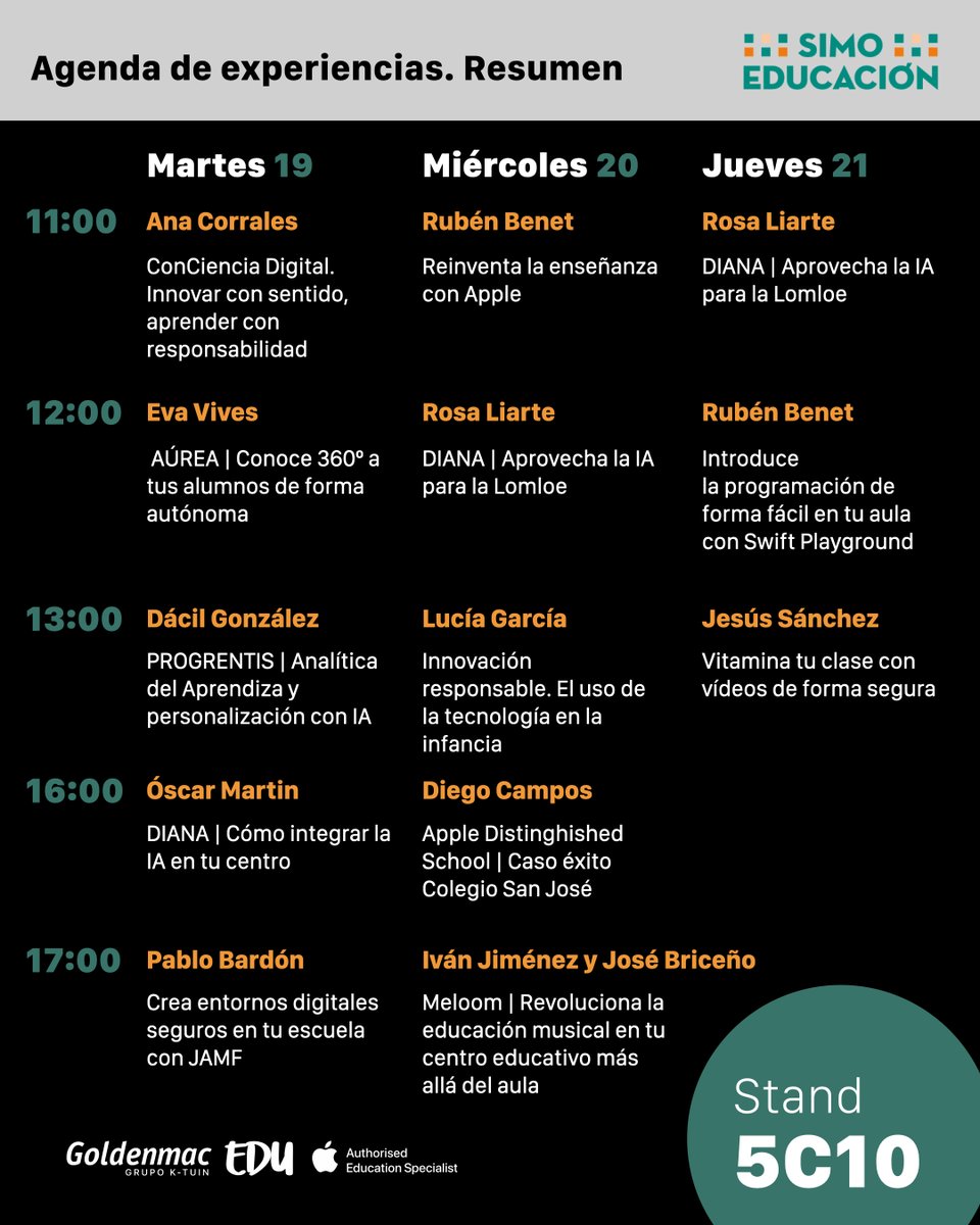 GoldenmacEDU's tweet image. 🗓️ Agenda completa para #simo2024 🗓️

Todo esto es lo que podrás disfrutar en nuestro 📍 Stand 5C10 de @simoedu_ esta próxima semana.

¿Quieres conseguir tu entrada gratuita? 👉🏽 Mándanos tu correo por mensaje privado y te la enviamos.