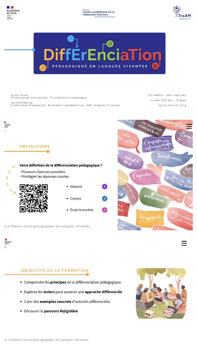 AzurGnd's tweet photo. "Différenciation en LV" : Formation inter-langues de l’#EAFC_Nice (1/3)
🧠 comprendre les principes
🎯 explorer les leviers de la différenciation
🧩 créer des parcours différenciés
🖥️ découvrir le M@gistère #TraAM LV
Merci aux collègues pour les échanges riches et productifs 🤩 ! https://t.co/AwVamf0Kn7