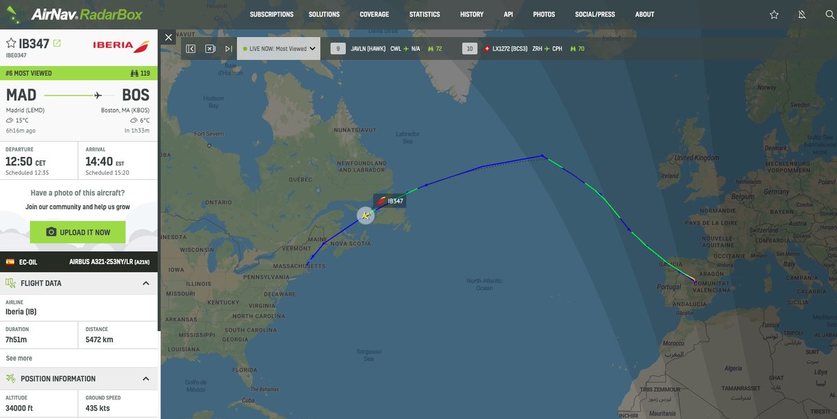 airlivenet's tweet photo. LIVE #IB347 is soon reaching East coast for world’s first Airbus A321XLR transatlantic flight. Updates: https://t.co/5G8yzcr3fI https://t.co/x4CPgpGZHS