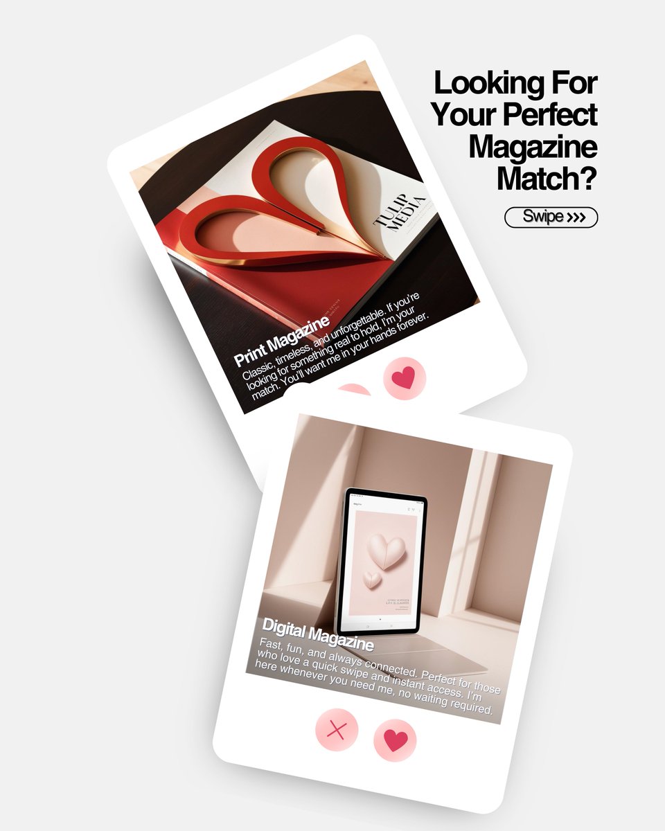 TulipMediaGroup's tweet photo. Meet Print and Digital, two magazine formats guaranteed to make the sparks fly and charm your audience! Not sure who���s ‘the one’? 💌 Check out our blog for the full breakdown, or visit https://t.co/UP3c8Ozipt 

...or slide into our DMs 😉 (no "u up" texts from us, promise) https://t.co/WtKmQWLQek