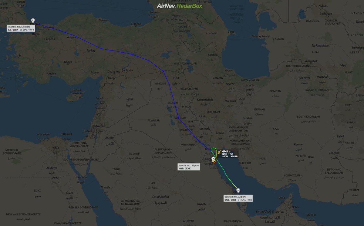 AirNavRadar's tweet photo. This Week: Gulf Air flight #GF45 from Manama (BAH) to Istanbul (IST) declared an emergency following an onboard medical emergency. 

Flight #GF45 diverted to Kuwait City (KWI), landing at 02:19 TRT. 

You can access the flight data and playback at https://t.co/RZ5REJHwTC https://t.co/2eprccKlbO