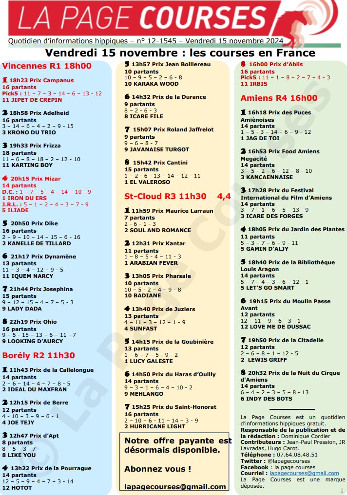 Vendredi 15 novembre 2024.

On trotte à Vincennes, avec le Quinté en nocturne.

On trotte également à Marseille-Borély et Amiens.

On galope à Saint-Cloud.

Pour tout savoir, cliquez ici :

drive.google.com/file/d/1g0mUTm…