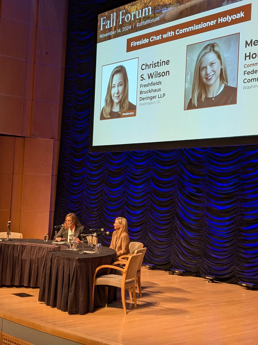 Happening Now: Fireside Chat with Commissioner Holyoak <a href="/FTC/">FTC</a> with Christine Wilson <a href="/Freshfields/">Freshfields</a> moderating. #atfallforum
