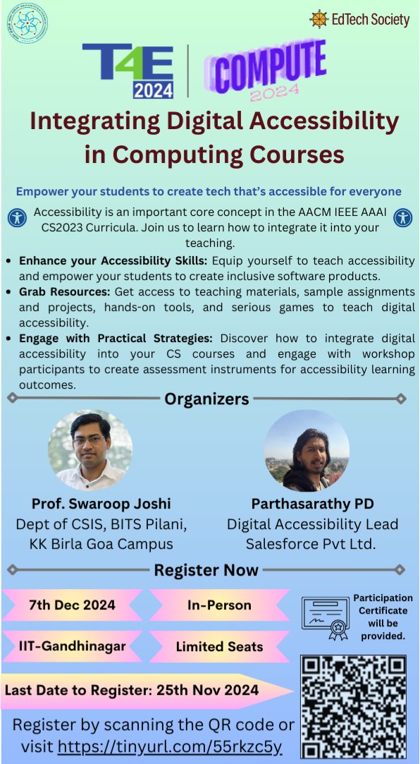 Parthasarathy PD (@parthasarathypd) on Twitter photo 🚨Call for action: We are conducting a workshop on Integrating Digital Accessibility in Computing Courses during #T4E and #ACMCompute2024 on 7th Dec 2024 at IIT-Gandhinagar. Register at tinyurl.com/55rkzc5y. DM for queries. <a href="/ETSocietyOrg/">EdTech Society</a> <a href="/Indiaacm/">ACM India</a> <a href="/TheOfficialACM/">Association for Computing Machinery</a> <a href="/isigcse/">ACM iSIGCSE</a> 🚨Call for action: We are conducting a workshop on Integrating Digital Accessibility in Computing Courses during #T4E and #ACMCompute2024 on 7th Dec 2024 at IIT-Gandhinagar. Register at tinyurl.com/55rkzc5y. DM for queries. <a href="/ETSocietyOrg/">EdTech Society</a> <a href="/Indiaacm/">ACM India</a> <a href="/TheOfficialACM/">Association for Computing Machinery</a> <a href="/isigcse/">ACM iSIGCSE</a>