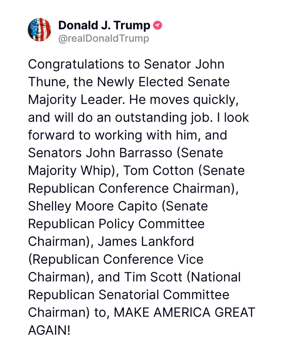 LeaderJohnThune's tweet photo. Thank you, President Trump. I’m ready to roll up my sleeves and get to work. https://t.co/mqg2OYODzZ