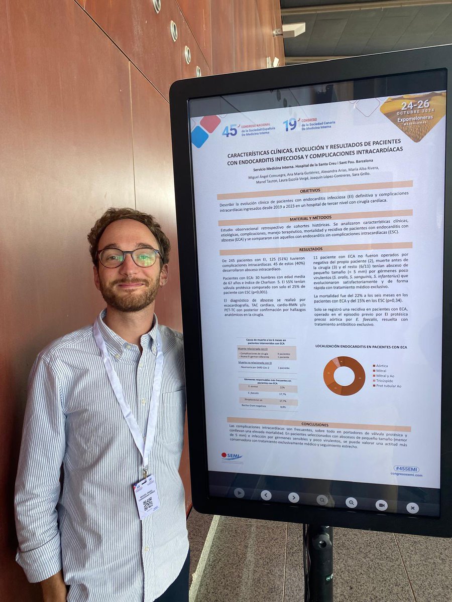 El Miguel Ángel Consuegra, R4 del servei, va ser escollit per presentar la comunicació oral del seu pòster sobre les característiques clíniques i complicacions intracardíaques dels pacients ingressats per #endocarditis infecciosa al nostre centre. #45SEMI