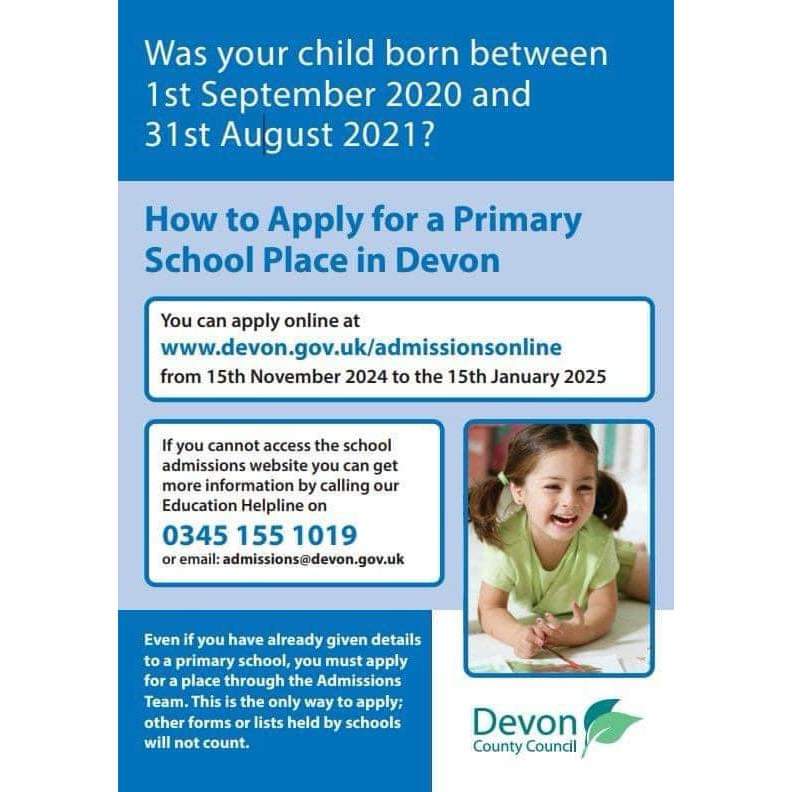 Is your child due to start school in September 2025? Devon County Council admissions opens tomorrow! 

We have a Stay and Play for EYFS 2025/26 on 26th November 3:30 - 4:30pm, or you can arrange a tour of our EYFS by phoning 01392284990.