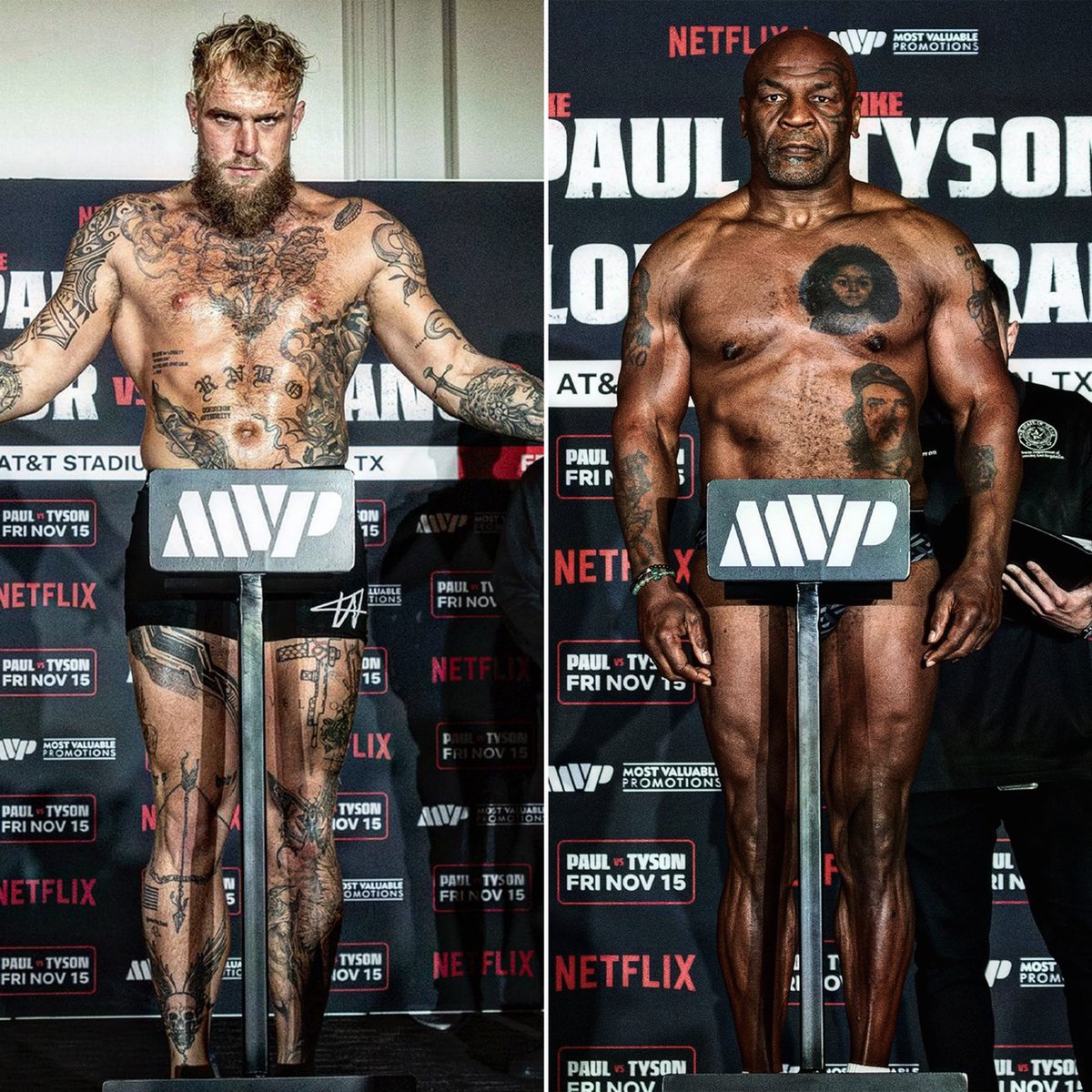 bpthaber's tweet photo. Jake Paul ve Mike Tyson, yarınki dövüşlerinden önce tartının üstüne geçti. https://t.co/dmj8gh9sK8